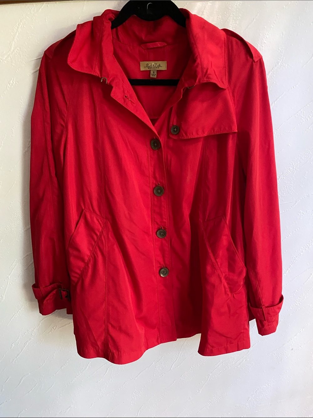 Peck & Peck Bright Red Button-Front Trench Coat